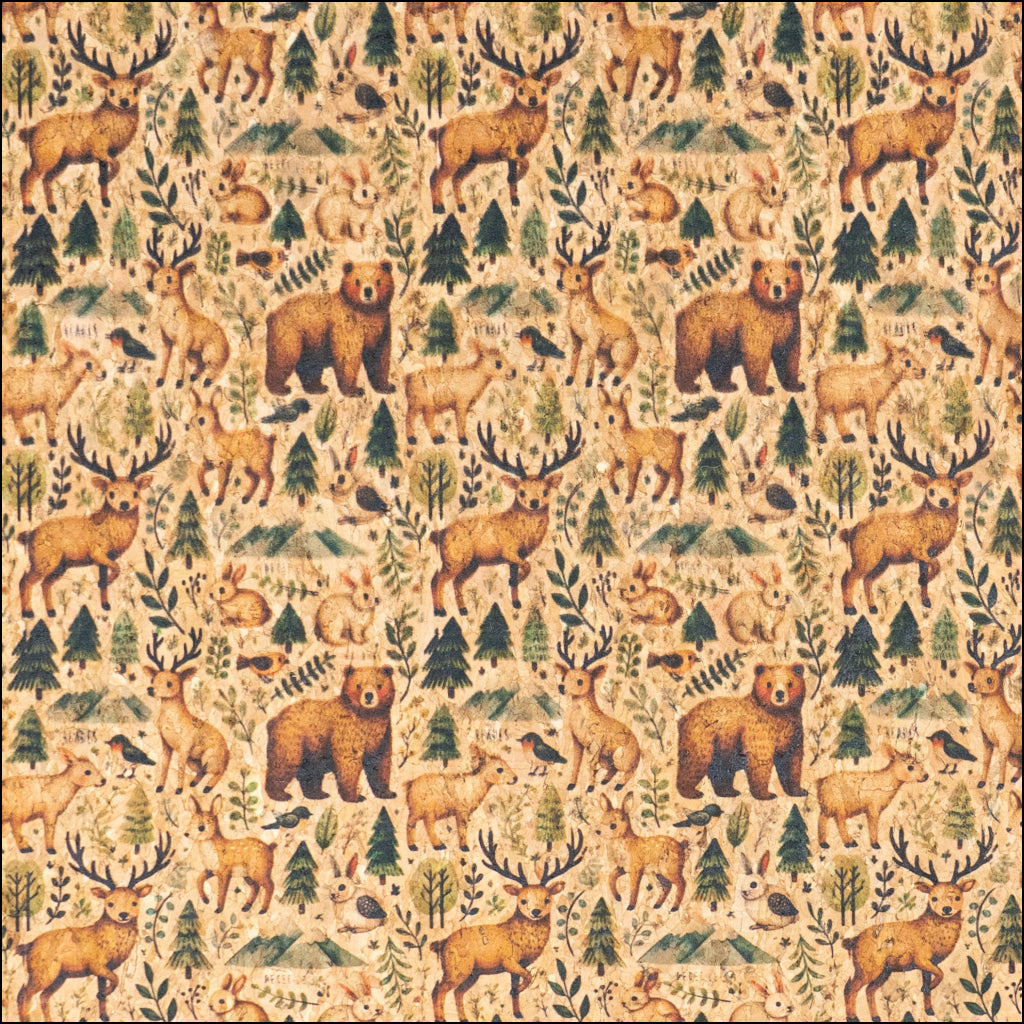 Woods Animal Pattern with Bears and Deers Cork Fabric COF-774 1/2M (138*50 cm / 54*19 inches) cork fabric