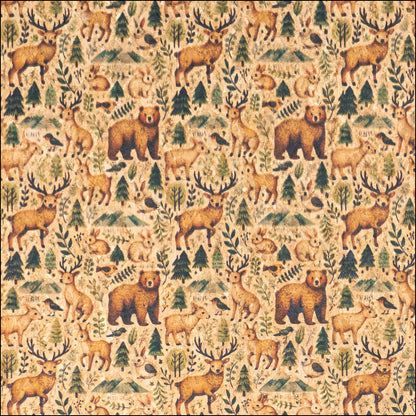 Woods Animal Pattern with Bears and Deers Cork Fabric COF-774 1/2M (138*50 cm / 54*19 inches) cork fabric