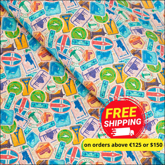 World Famous Landmarks Stamp And Passport Seal Pattern On Cork Fabric Cof-502 Cork Fabric