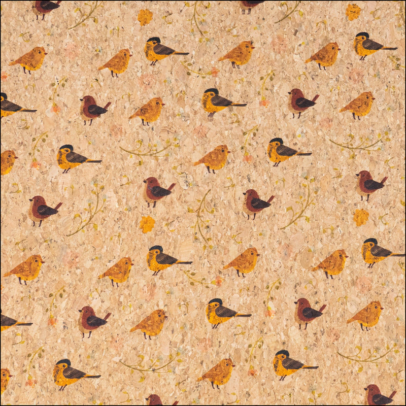 Yellow and Brown Birds Pattern Cork Fabric COF-786 1/2M (138*50 cm / 54*19 inches) cork fabric