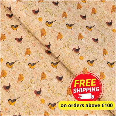 Yellow and Brown Birds Pattern Cork Fabric COF-786 1/2M (138*50 cm / 54*19 inches) cork fabric
