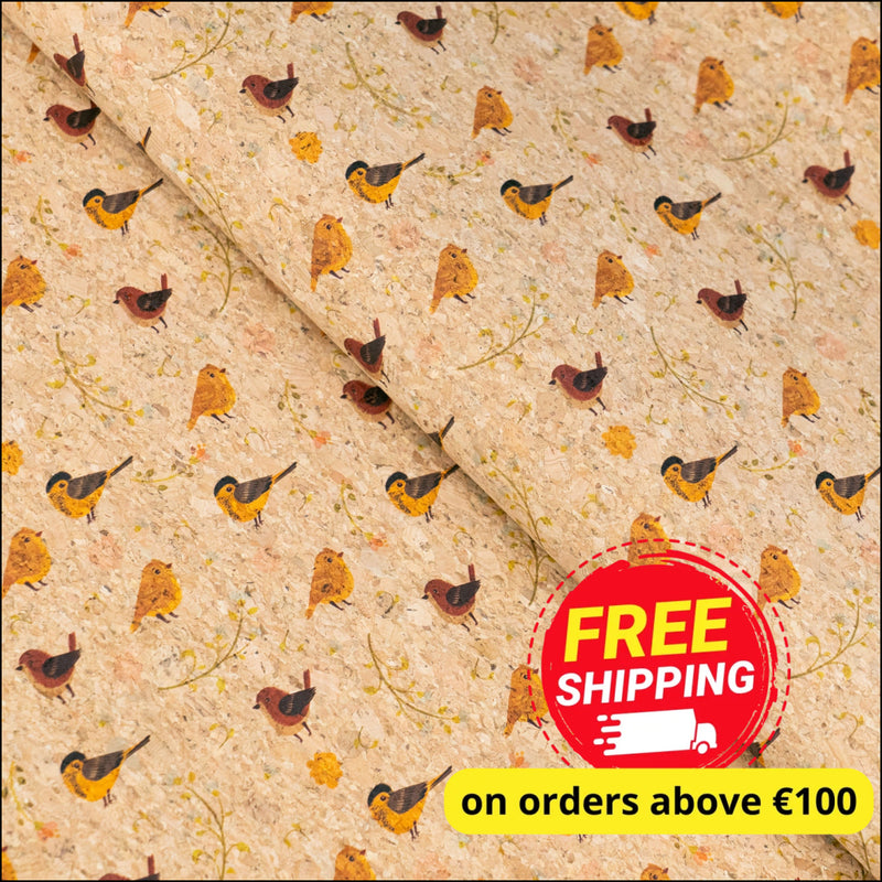 Yellow and Brown Birds Pattern Cork Fabric COF-786 1/2M (138*50 cm / 54*19 inches) cork fabric