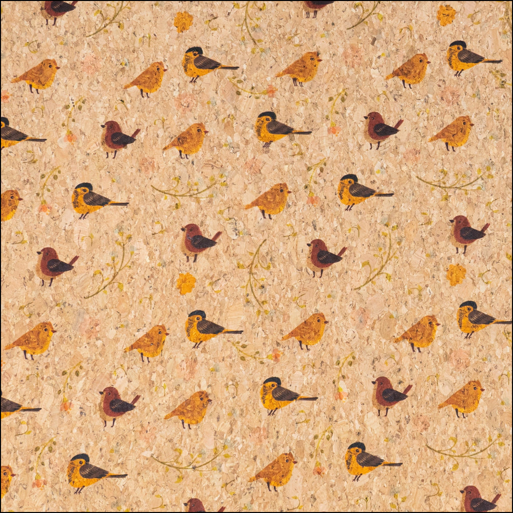 Yellow and Brown Birds Pattern Cork Fabric COF-786 1/2M (138*50 cm / 54*19 inches) cork fabric