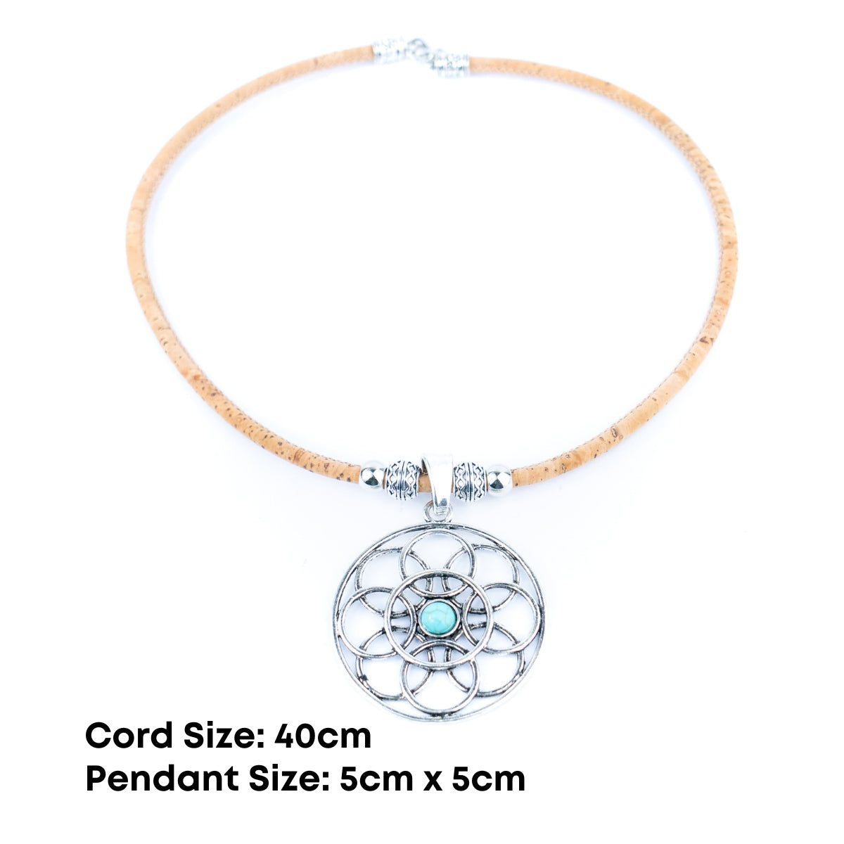 Natural cork cord and a vintage-style geometric floral pattern handmade women's fashion necklace N-003-5