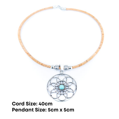 Natural cork cord and a vintage-style geometric floral pattern handmade women's fashion necklace N-003-5