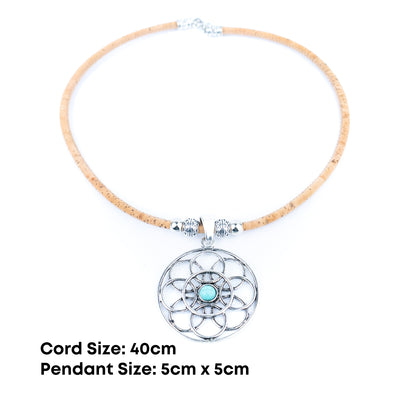 Natural cork cord and a vintage-style geometric floral pattern handmade women's fashion necklace N-003-5