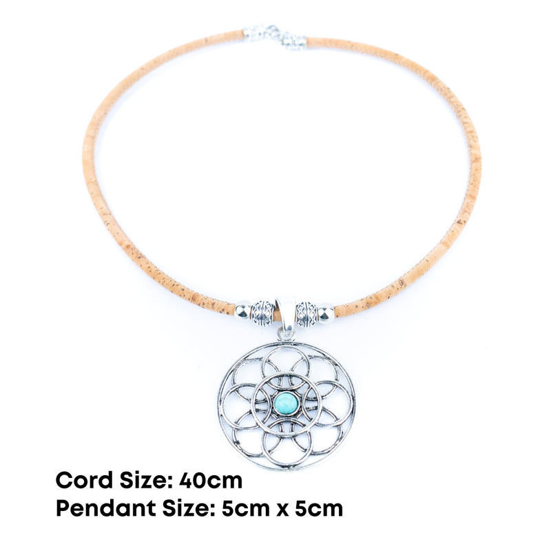 Natural cork cord and a vintage-style geometric floral pattern handmade women&