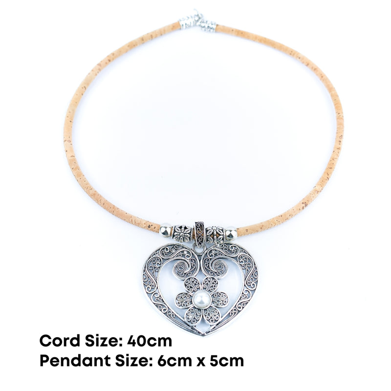 Natural cork cord and hollow heart pendant handmade women&