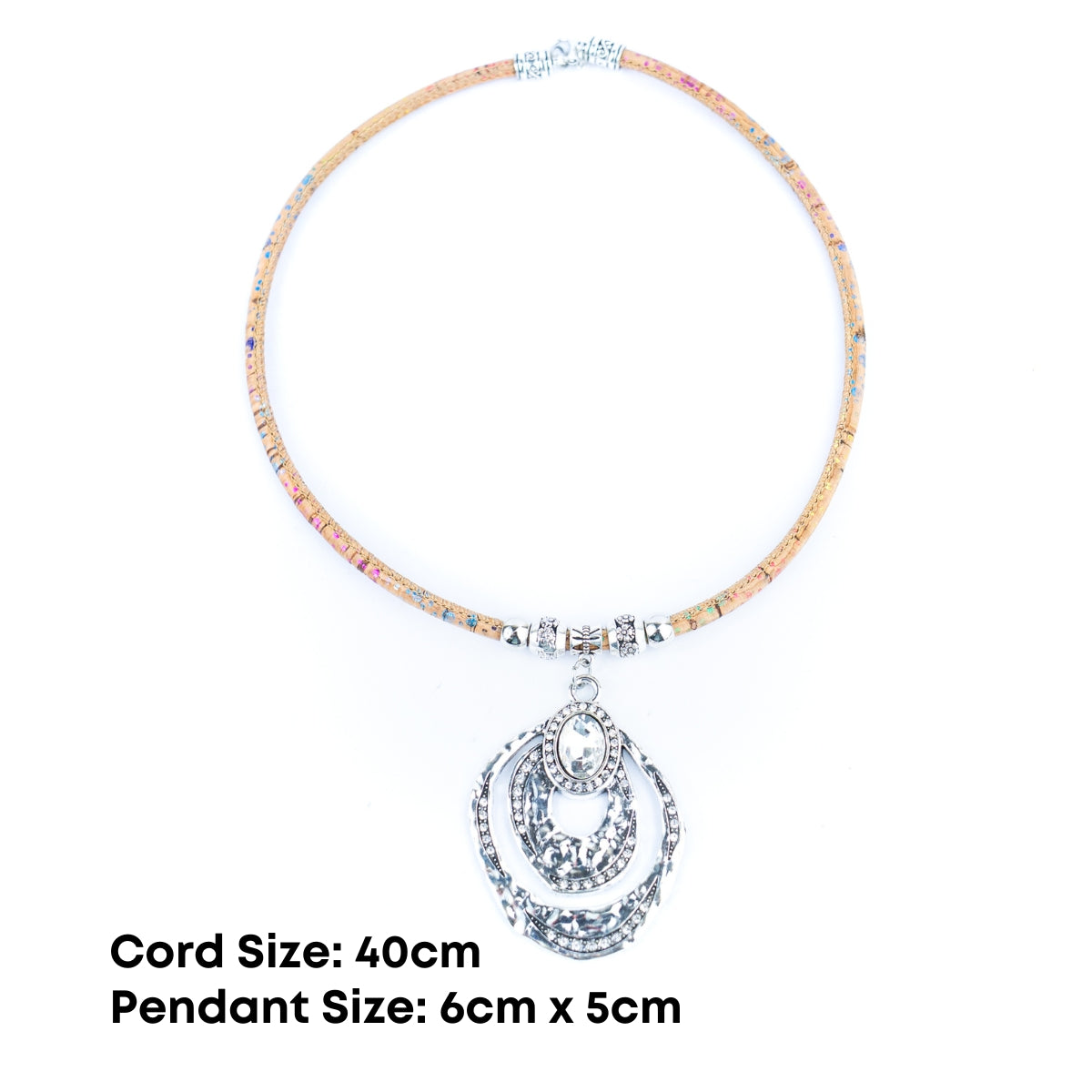 Elegant Handmade Cork Necklace – Multi-Layer Arc Pendant in Vintage Silver, Natural Eco Jewelry N-201-5