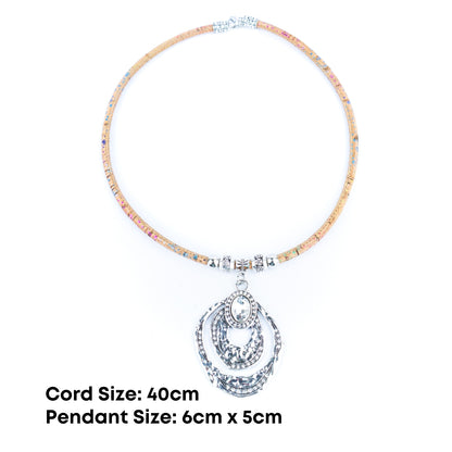Elegant Handmade Cork Necklace – Multi-Layer Arc Pendant in Vintage Silver, Natural Eco Jewelry N-201-5