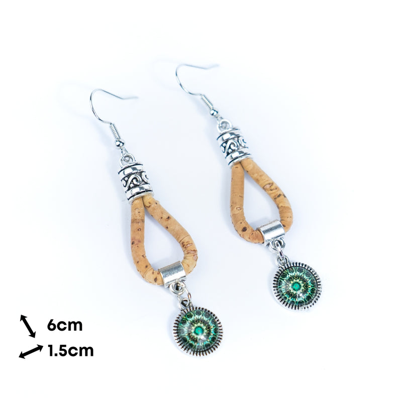 Natural cork cord and Portuguese Tile-Pattern Cork Earrings with Pendant handmade women&
