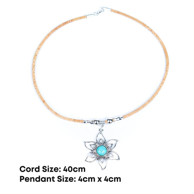 Handmade Natural Cork Necklace with Petal Turquoise Pendant  N-304-MIX-6