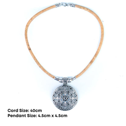 Portuguese Handmade Cork Necklace with Filigree Round Alloy Pendant NE-1094-4