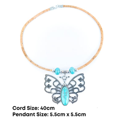 Natural 5mm round cork wire and turquoise beads and pendant handmade necklace NE-1033-5