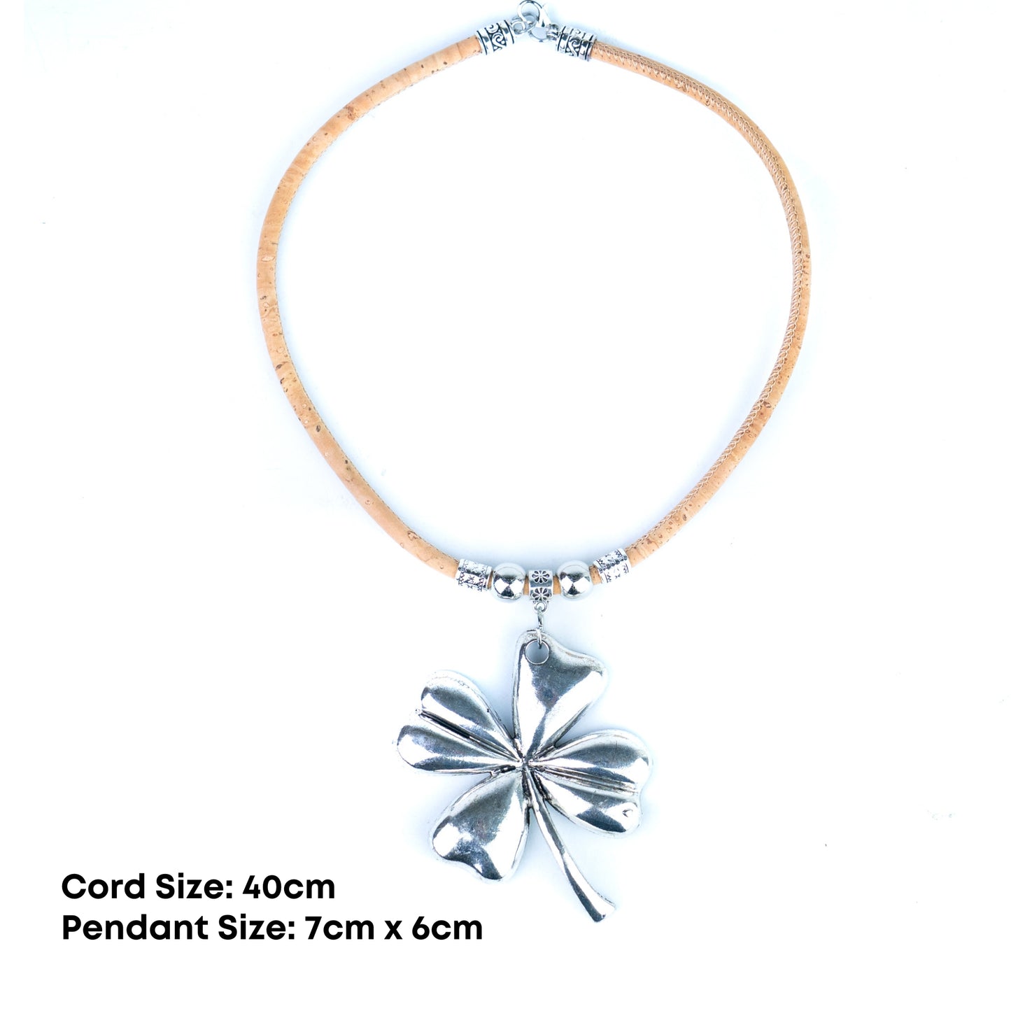 Portuguese Handmade Cork Necklace with Four-Leaf Clover Alloy Pendant NE-1095-4