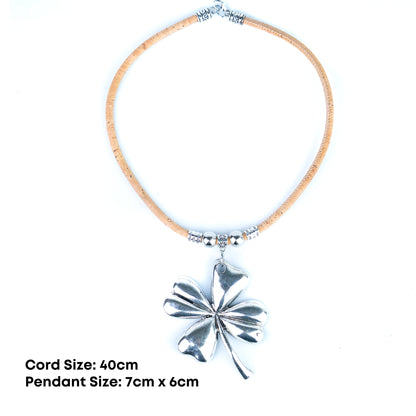 Portuguese Handmade Cork Necklace with Four-Leaf Clover Alloy Pendant NE-1095-4