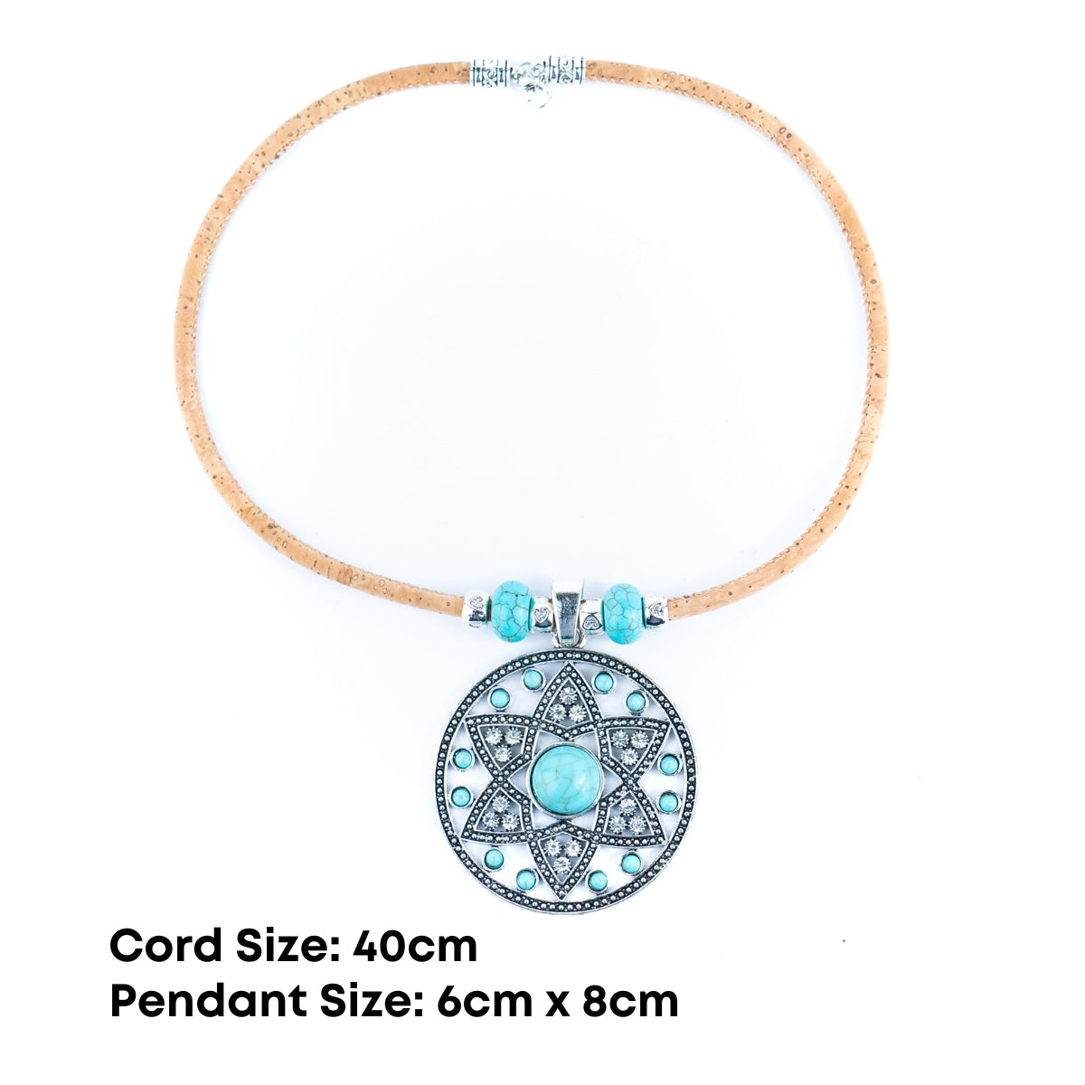 Natural 5mm round cork wire and turquoise beads and pendant handmade necklace NE-1044-5