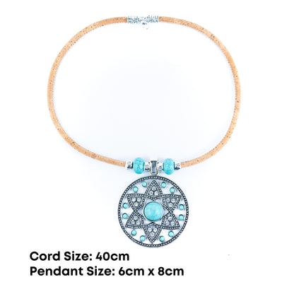 Natural 5mm round cork wire and turquoise beads and pendant handmade necklace NE-1044-5