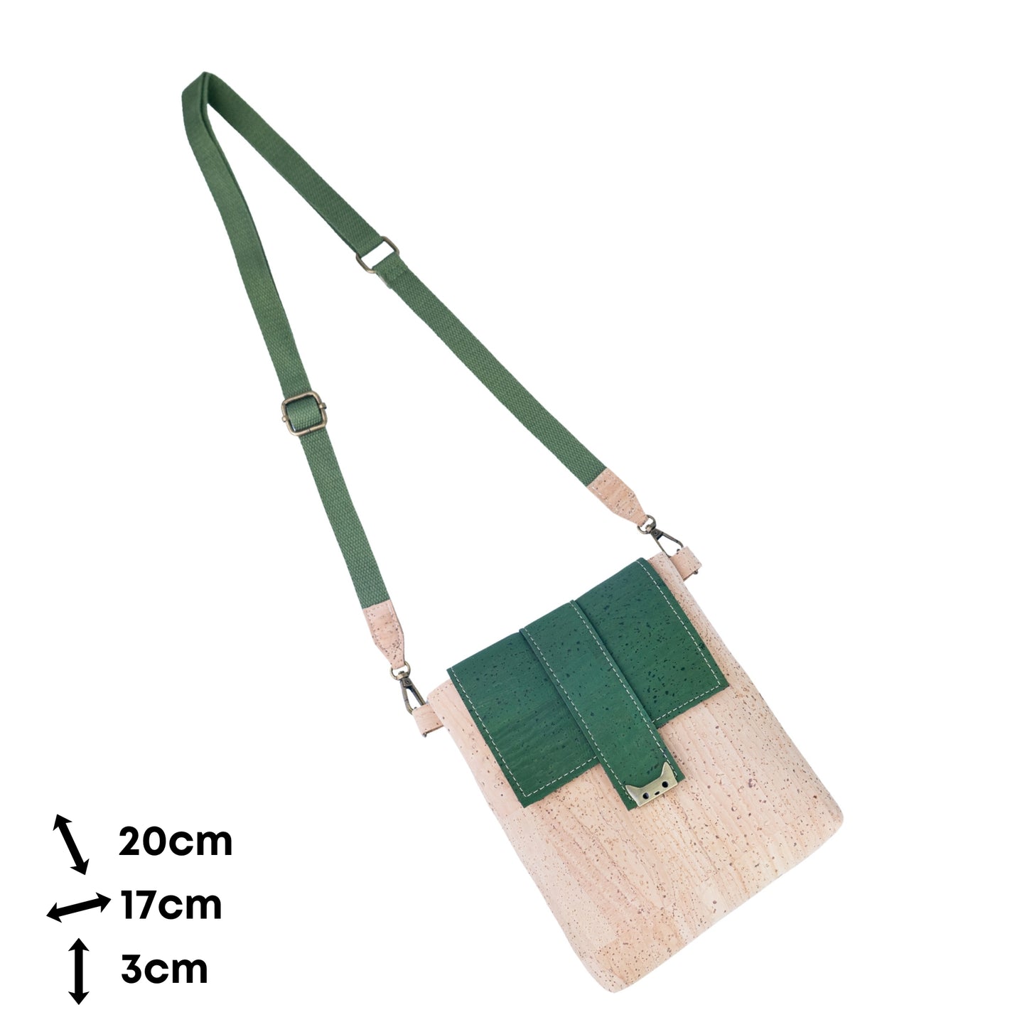 Natural Cork Crossbody Bag with Green Flap & Cat Clasp — BAGP-376