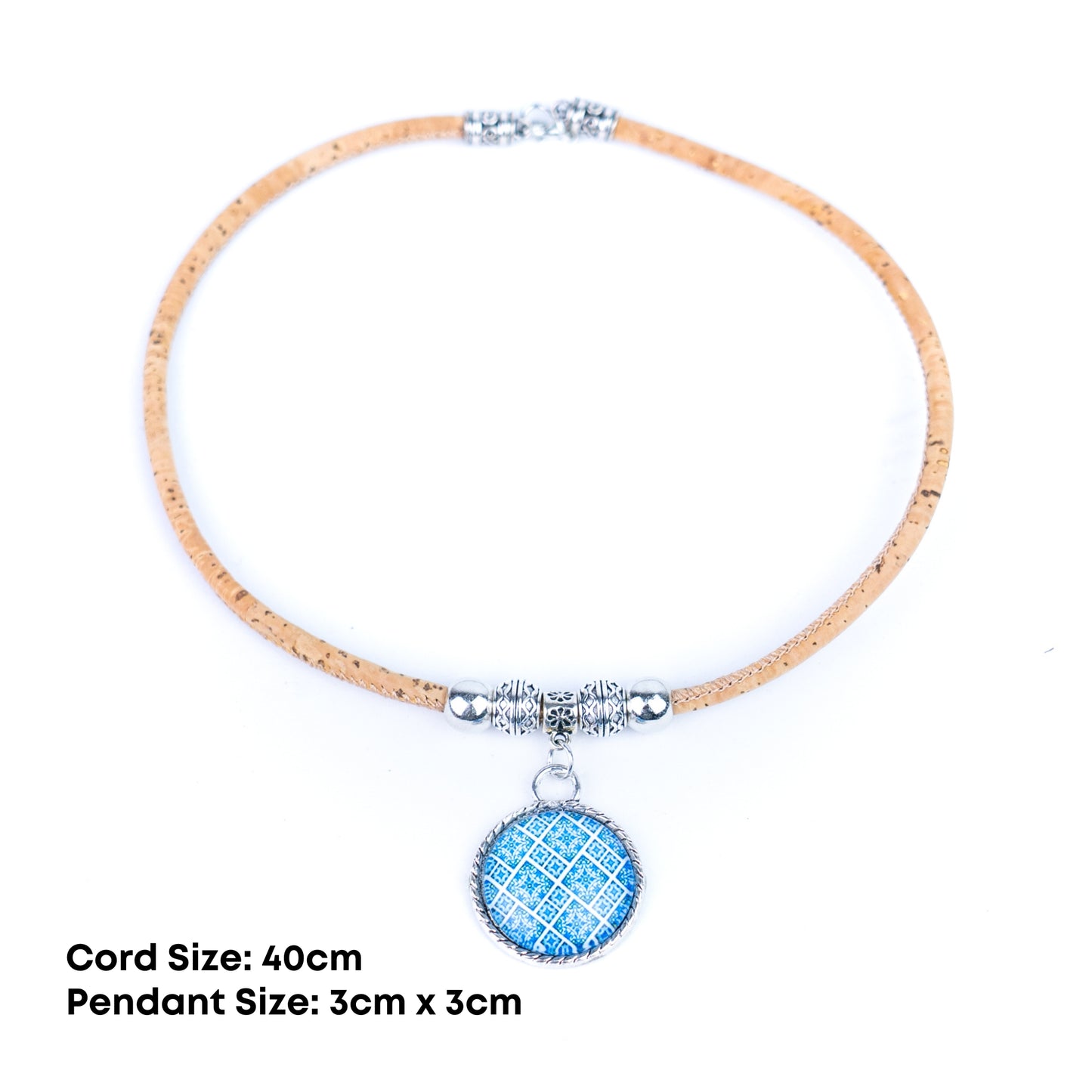 Portuguese Handmade Cork Necklace | Round Colored Pattern Applique | Natural Cork Thread N-98-MIX-3-RANDOM