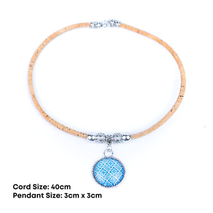 Portuguese Handmade Cork Necklace | Round Colored Pattern Applique | Natural Cork Thread N-98-MIX-3-RANDOM