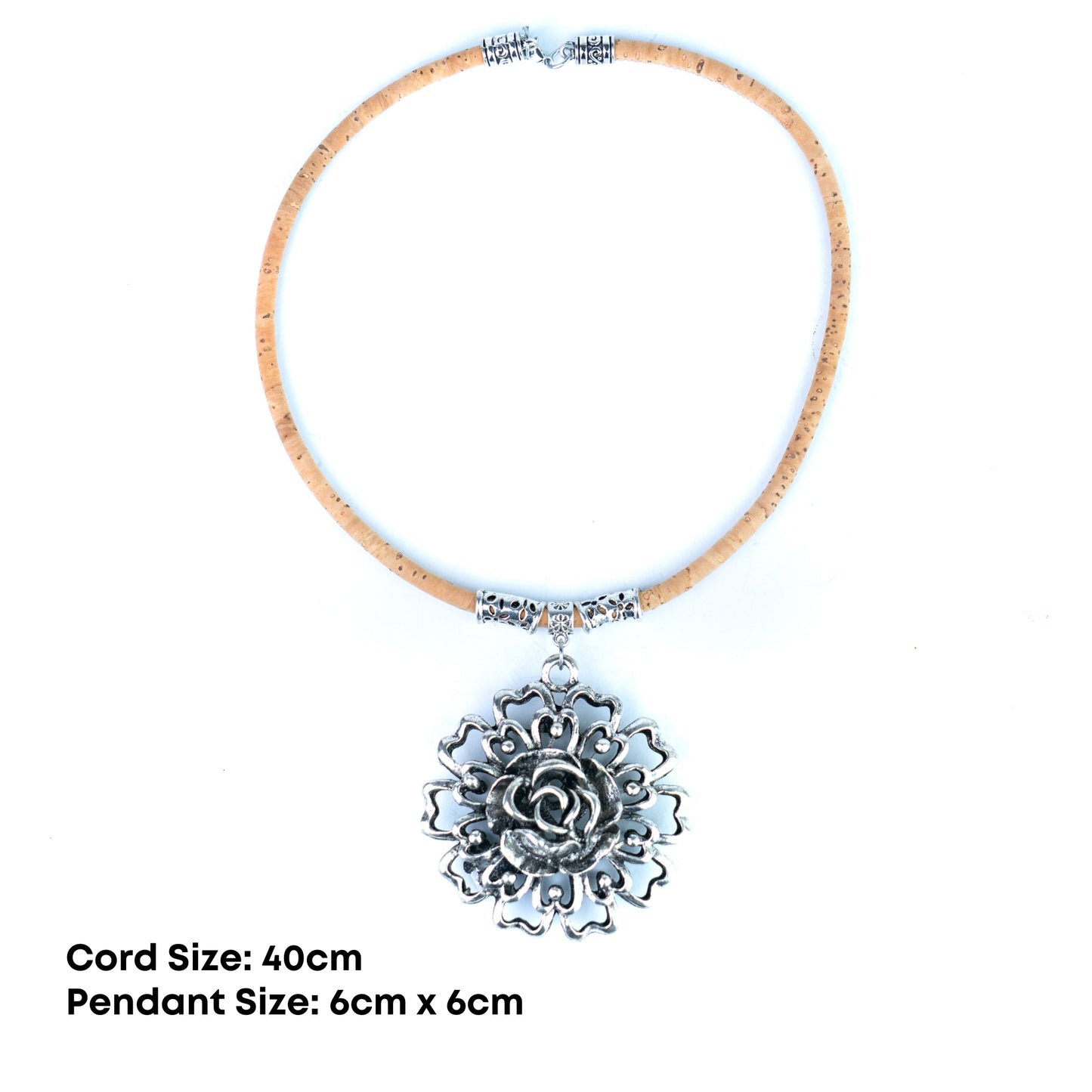 5mm Natural Cork Necklace with Vintage Rose Pendant NE-1098-3