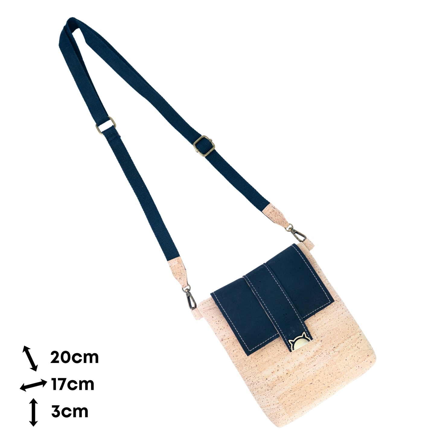 Natural Cork Crossbody Bag with Black Flap & Cat Clasp — BAGP-378-B