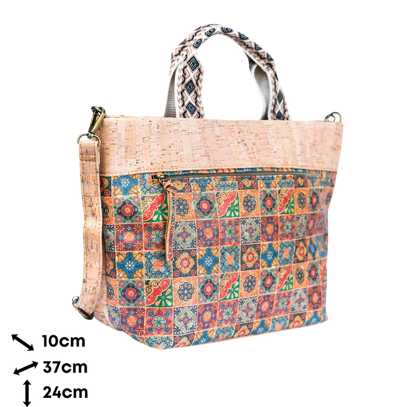 Natural Cork Tote with Printed Design and Cotton Woven Handles BAGF-087