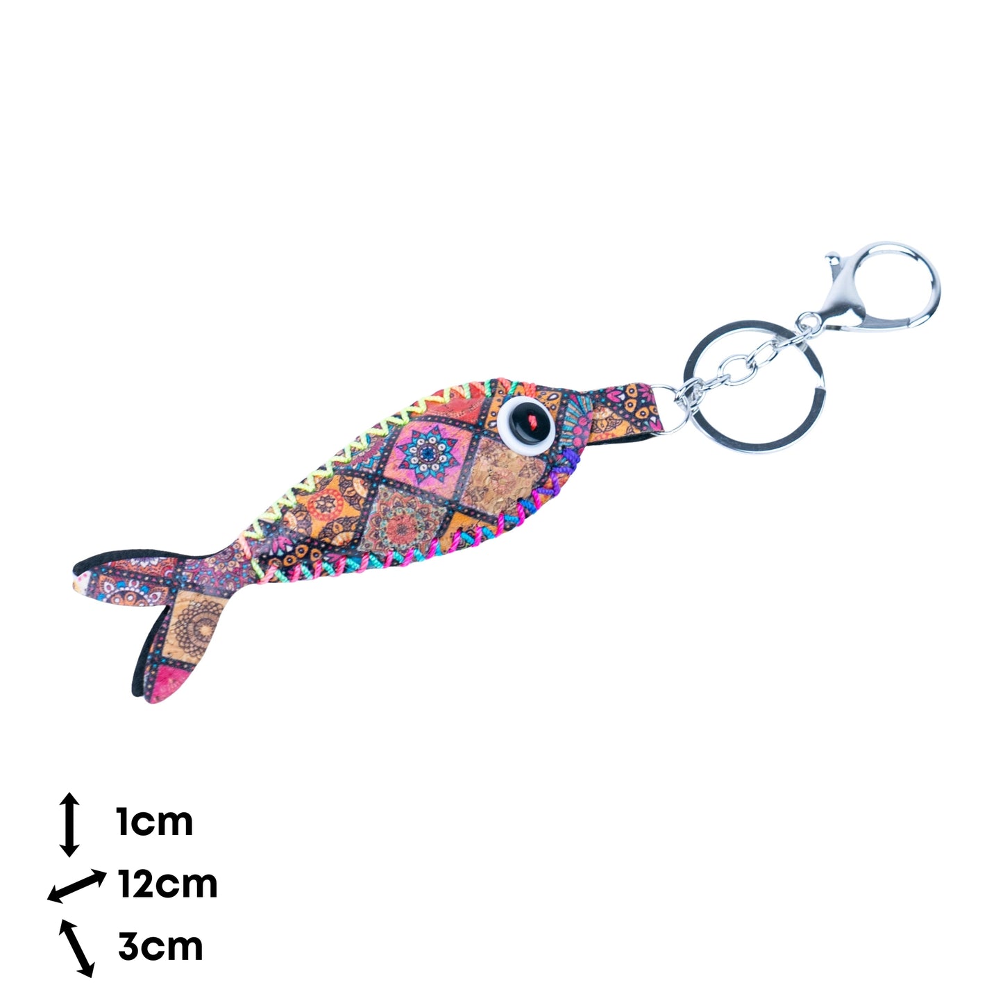 12 PCS Cork Fish Keychain Set - Colorful Mosaic Vegan Leather Charms
