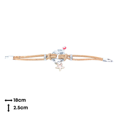Portuguese Handmade Cork Bracelet with Starfish &amp; Evil Eye Charms- women's bracelet  BR-218-5