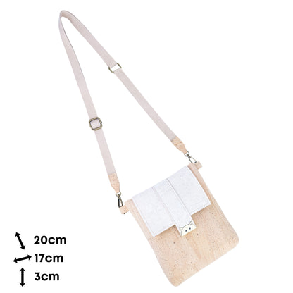 Natural Cork Crossbody Bag with White Flap & Cat Clasp —BAGP-375