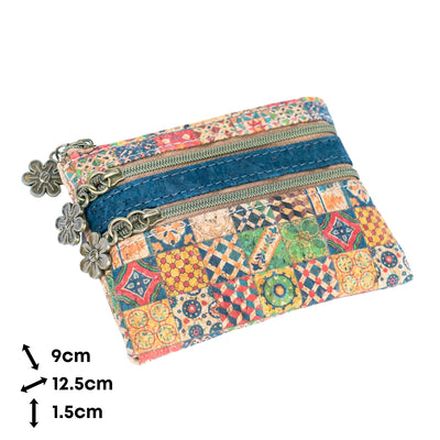 Printed Cork Triple Zipper Coin Purse - BAGD-232-MIX-8（8units）