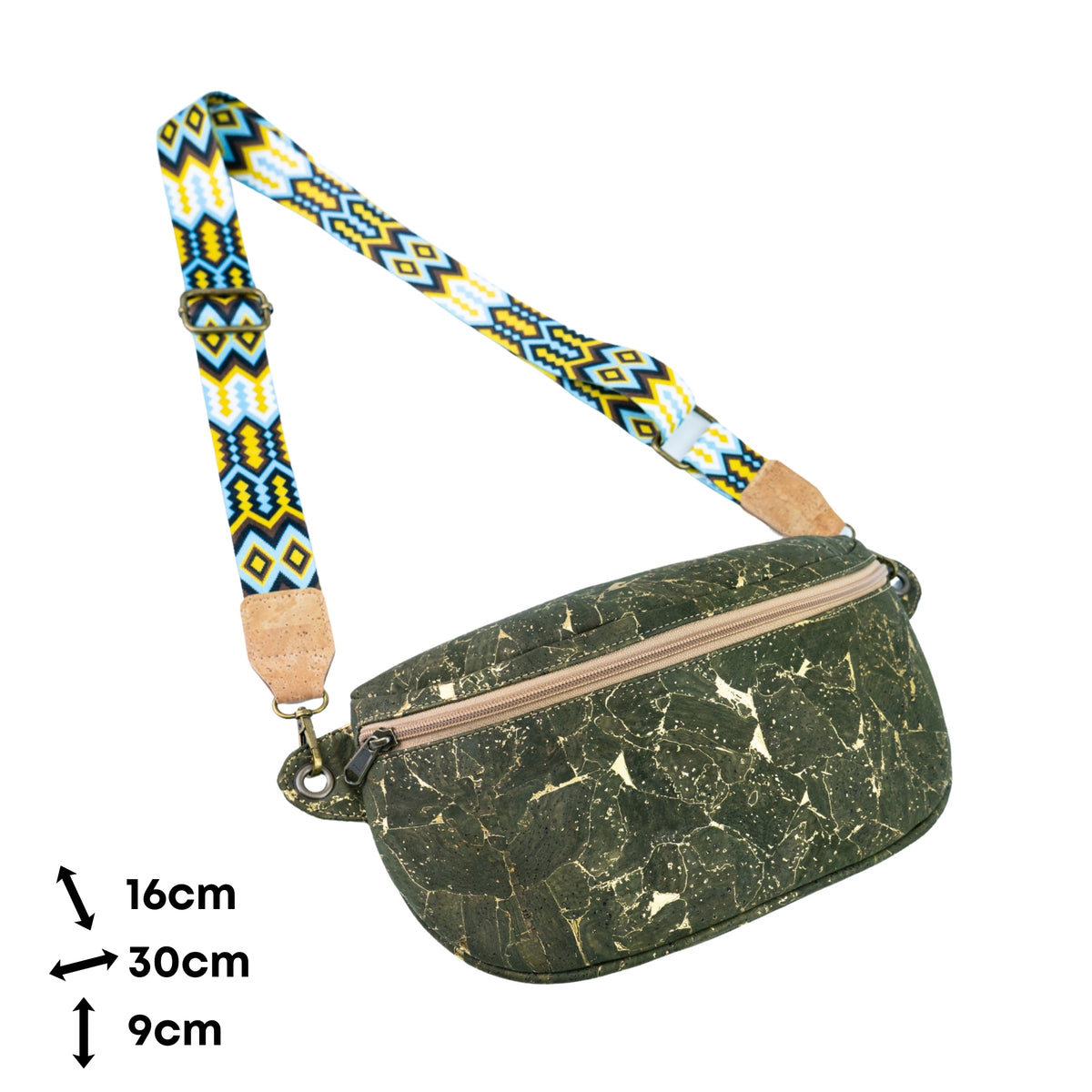 Cork Crossbody Sling Bag with Gold Accents and Patterned Strap BAGP-400