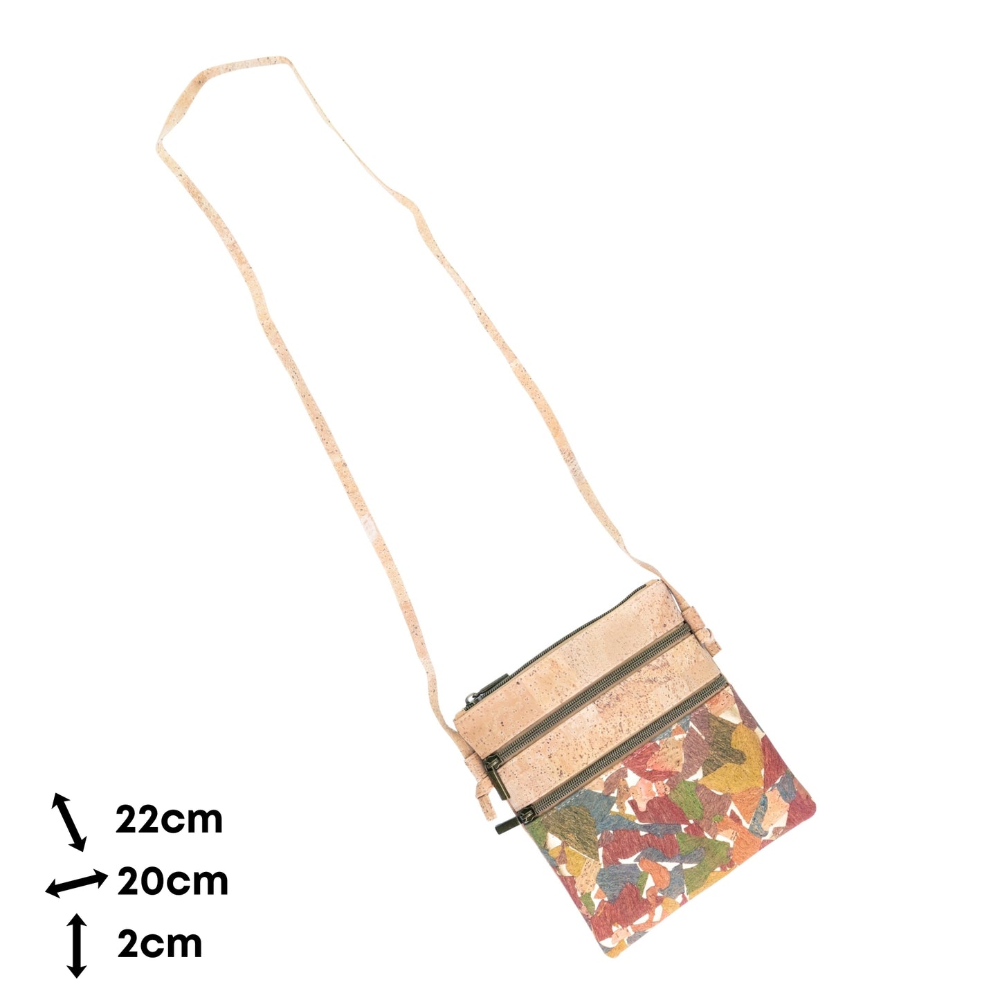 Natural Cork Double Zip Crossbody Bag for Women – Floral Print Vegan Shoulder Purse BAG-2401