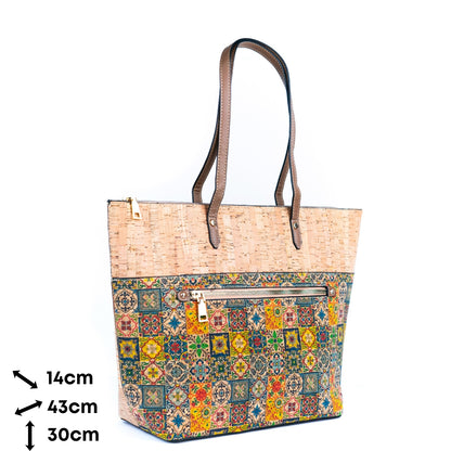 Chic Natural and Printed Cork Ladies' Tote Bag with PU Handle BAG-2331