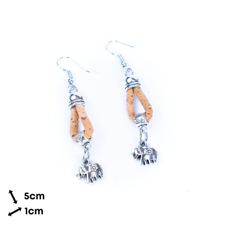 natural cork cord and elephant pendant handmade earrings-ER-176-MIX-5