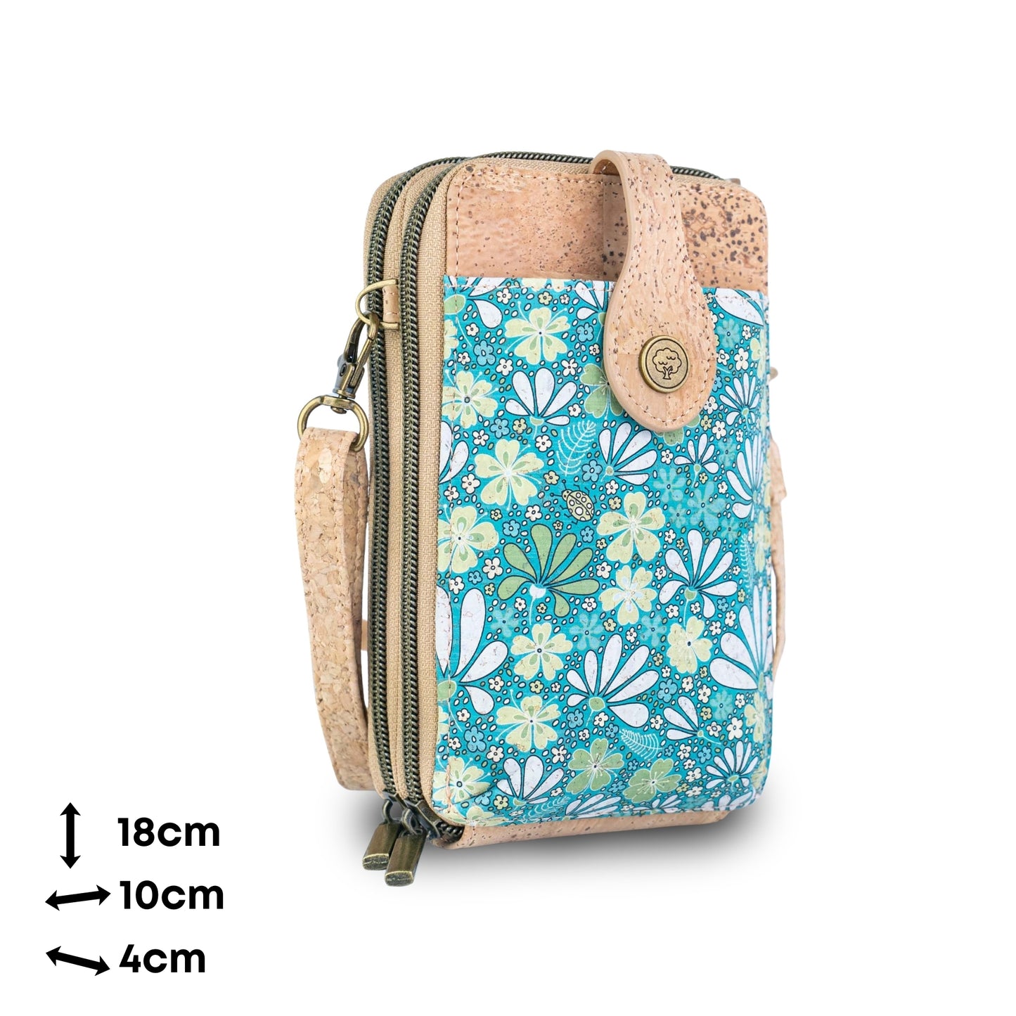 Natural Cork Double Zip Phone Crossbody Bag for Women – Floral Print Vegan Crossbody Wallet BAGD-2402