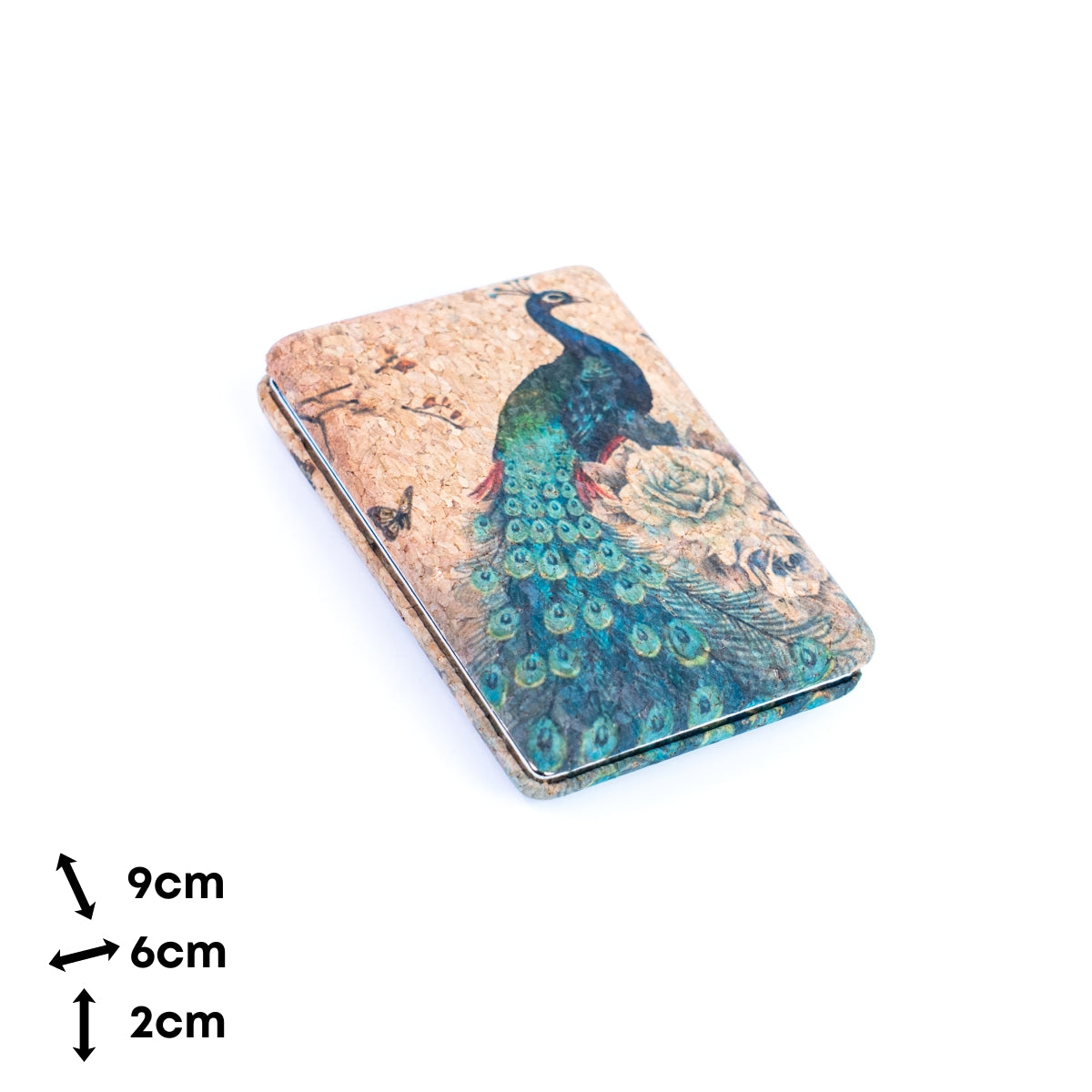 Eco-Friendly Cork Compact Mirror with Peacock Illustration L-1177-12