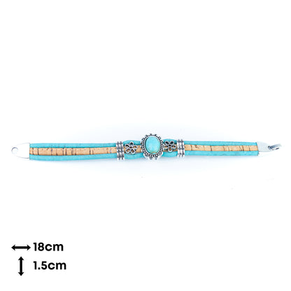 Portuguese Handmade Cork Bracelet with Turquoise Stone &amp; Floral Alloy Charms DBR-047-5