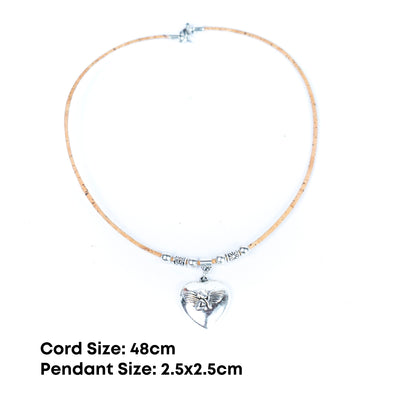 2mm round Natural cork cord and alloy hardware heart angel pendant handmade necklace for women NE-1035-5