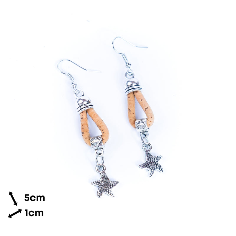 natural cork cord and starfish pendant handmade earrings-ER-177-MIX-5