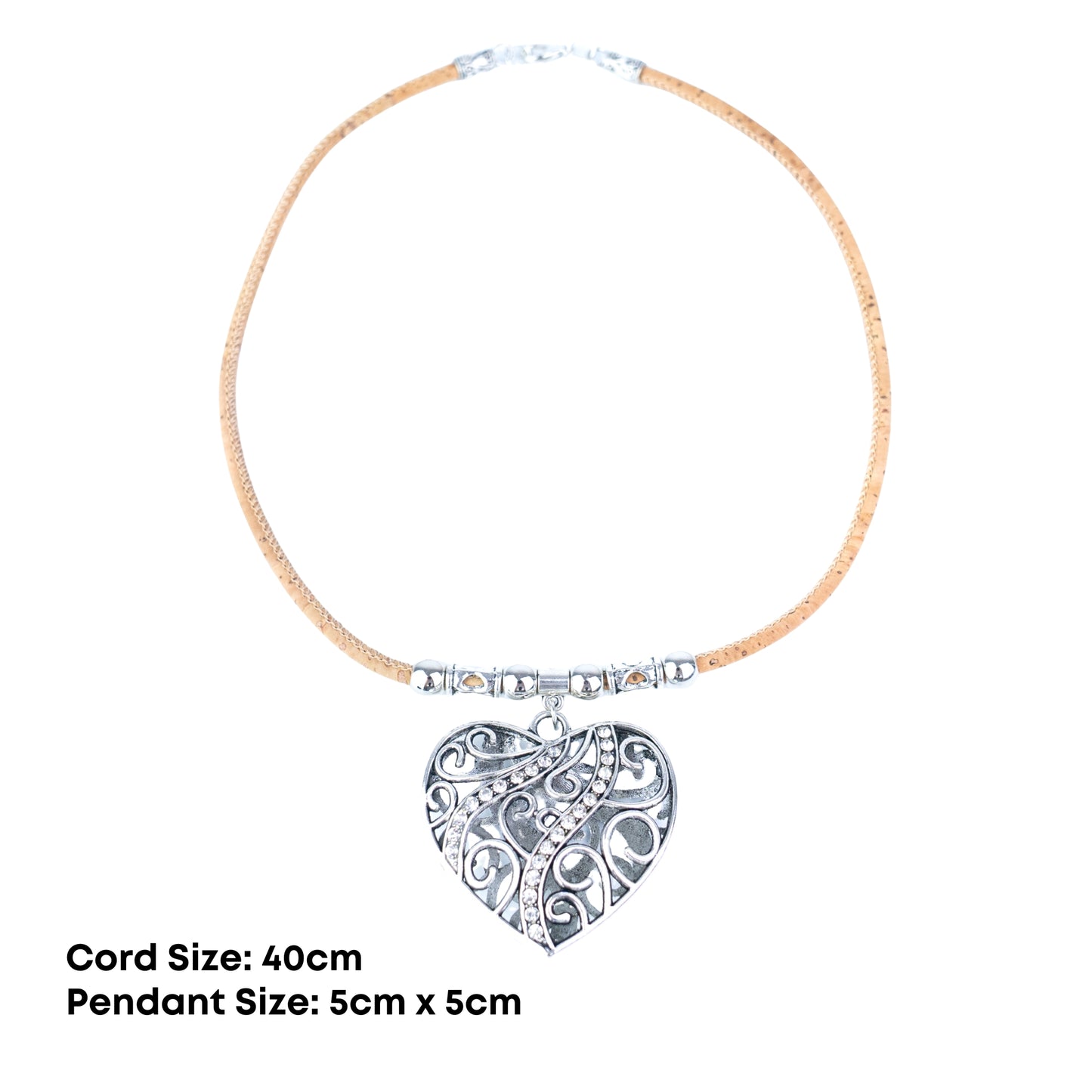 Portuguese Cork Double-Sided Heart Necklace with Rhinestone Pendant NE-1087-5