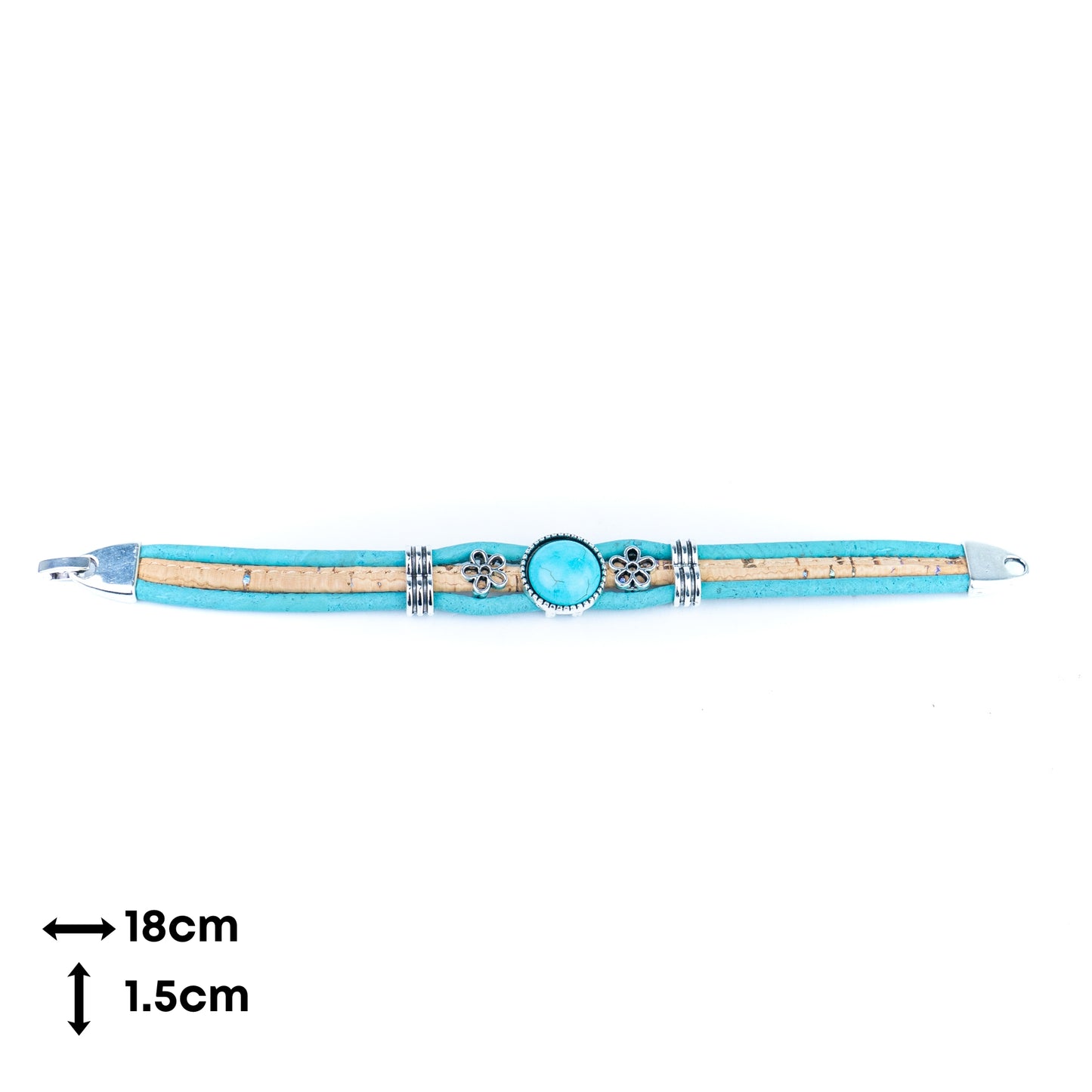 Portuguese Handmade Cork Bracelet with Turquoise Stone &amp; Floral Alloy Charms DBR-060-5