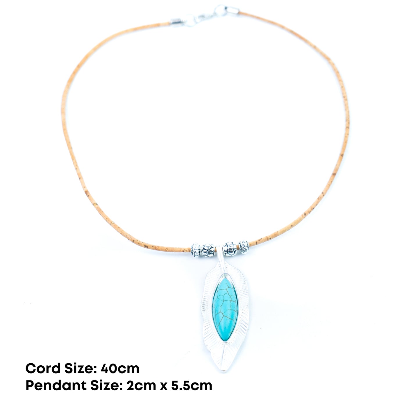 Natural Cork Necklace with Turquoise Leaf Pendant – Handmade in Portugal N-187-5