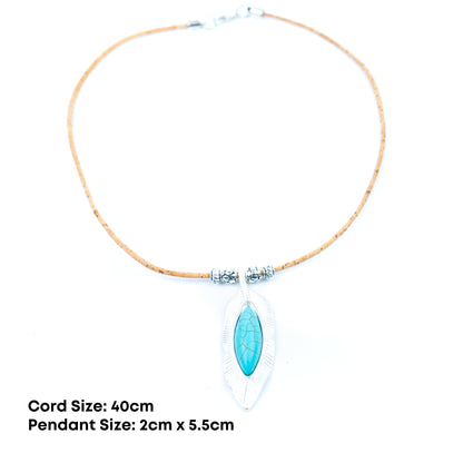 Natural Cork Necklace with Turquoise Leaf Pendant – Handmade in Portugal N-187-5