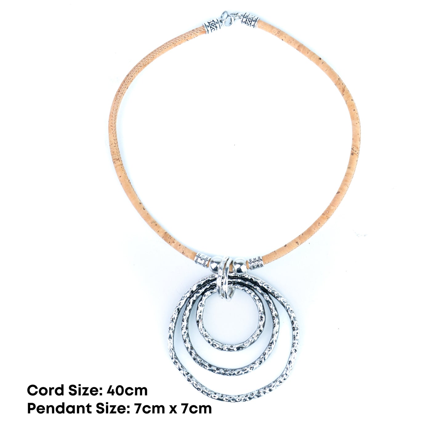 Portuguese Handmade Cork Necklace with Triple Circle Alloy Pendant NE-1092-3