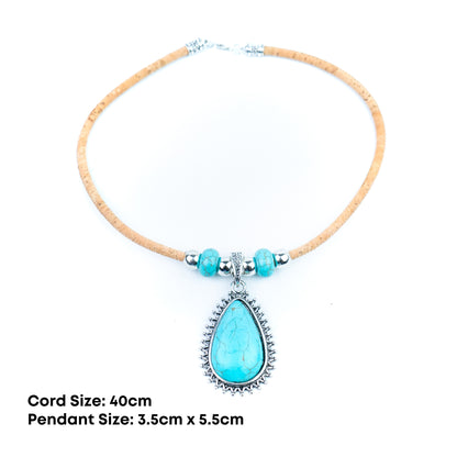 Handmade 5mm Natural Cork Necklace with Turquoise-Colored Pendant N-205-3