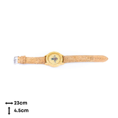 Women's Fashion Watch with Bee Motif Dial and Natural Cork Strap WA-455