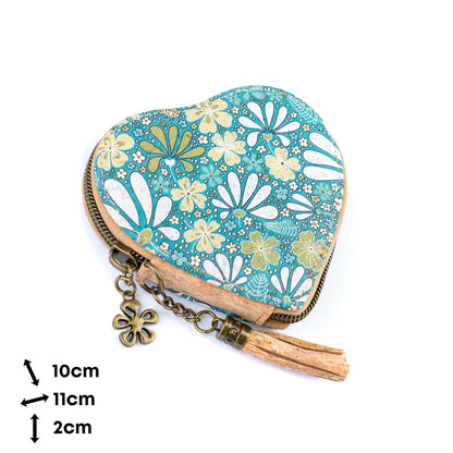 Heart-Shaped Cork Coin Purse with Tassel - Vegan Leather Alternative Zipper Pouch BAG-2370
