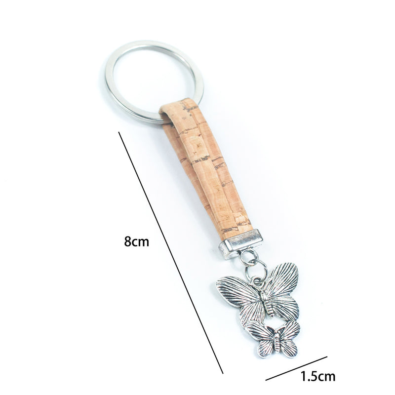 Natural colored cork cord and Butterfly pendant handmade keychain  I-0E-MIX-10